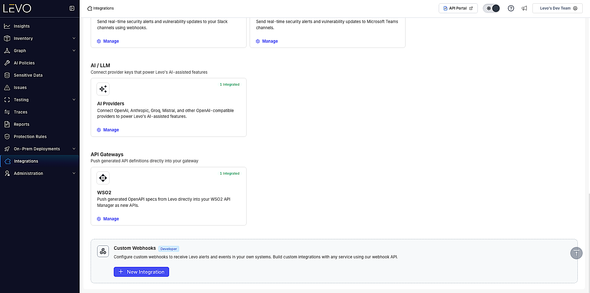Levo Integrations screen — API Gateways category showing the WSO2 tile