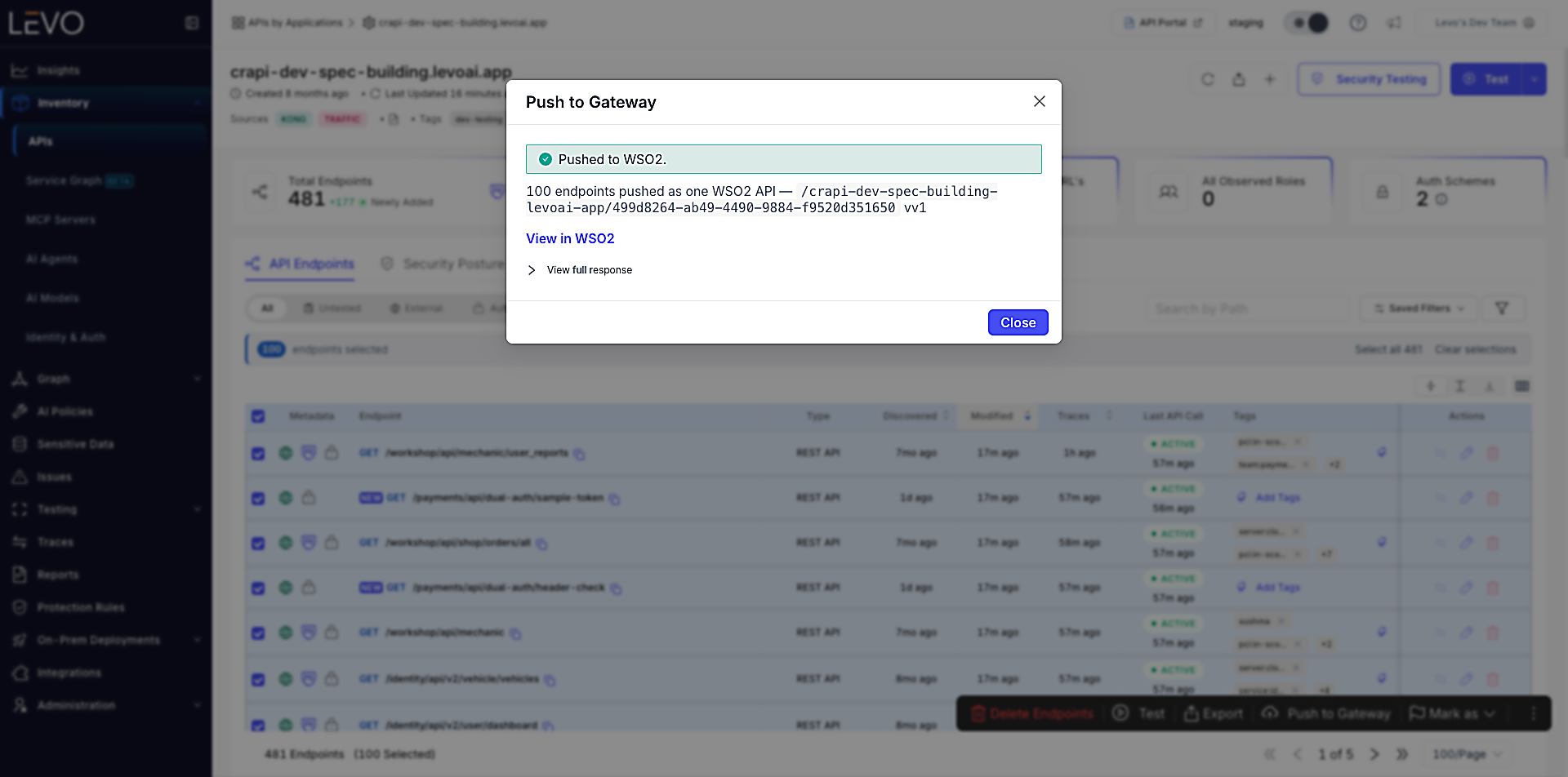 Push to Gateway result — "Pushed to WSO2" success message with the created API path and a View in WSO2 link