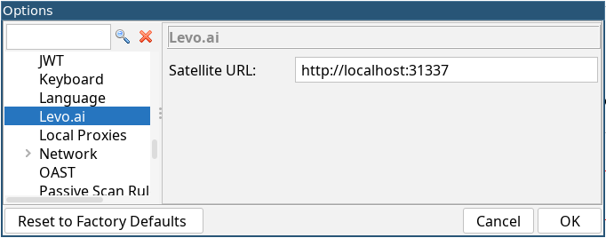 Screenshot of the Levo.ai Options Panel in ZAP